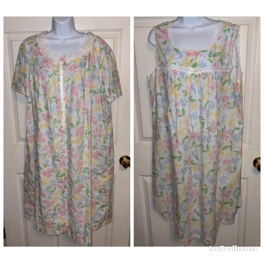 Vtg Character Sz L 2 Piece Floral SS Robe & Sleeveless Gown Set Seersucker Trad